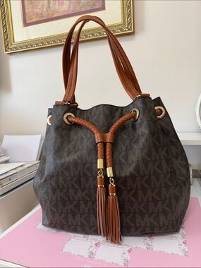 Michael Kors Brown MK Monogram Drawstring Shoulder Tote with Tassels